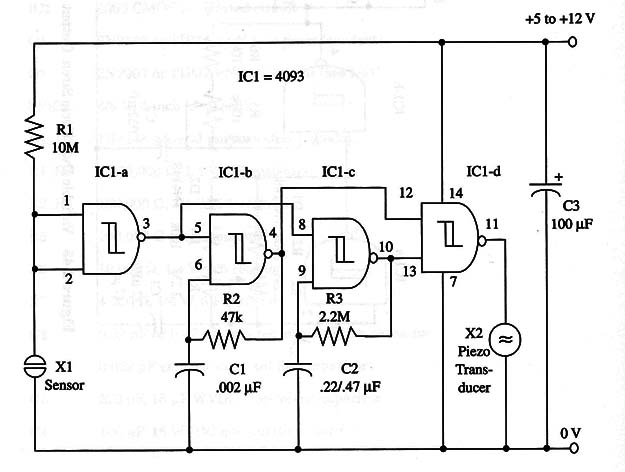 Figure 1 – Schematics for the touch-controlled siren

