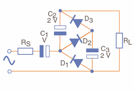 Figure 5 – Cascade voltage tripler - 3 diodes 3, 3 capacitors are used. The same specifications as the first circuit apply.
Figure 5 – Cascade voltage tripler - 3 diodes 3, 3 capacitors are used. The same specifications as the first circuit apply.